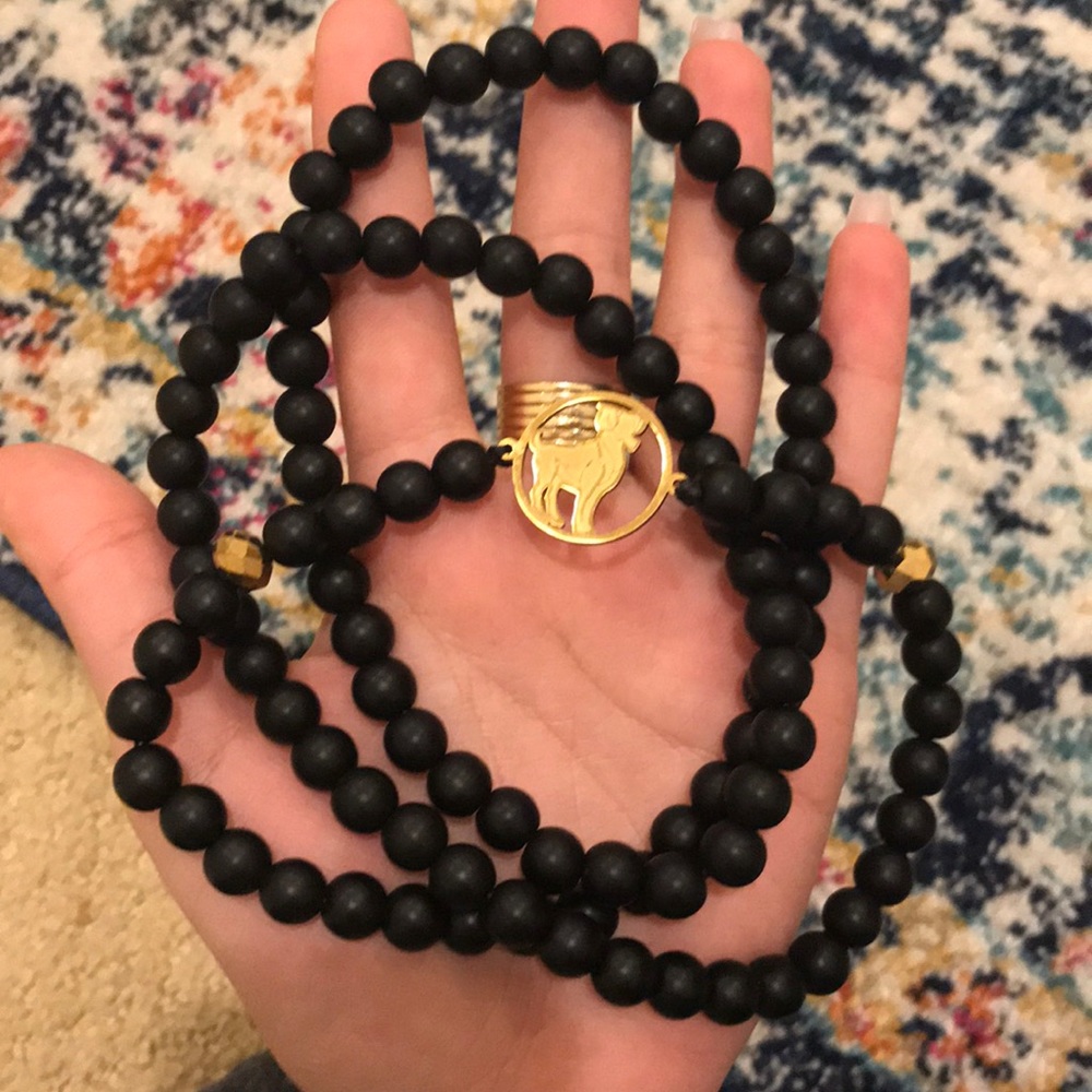 Long Black Beaded Necklace w/ Dog Pendant